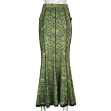 Green Lace Printed Trumpet Long Skirt-Outfit
