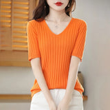Toloer The Summer Of 2024, Women's Knit Short Sleeve Korean V-Neck Solid Color T-Shirt And A Pit Top-Outfit