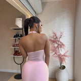 Summer Women's Screen Splicing Sexy Hanging Neck Sleeveless Lace Tight-Up Hip Dress