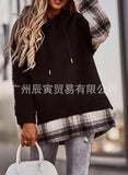 China Winter Hipster Women's Wear Niche Design Sense Plaid Splicing Sleeve Long Sleeve Round Collar Hoodie Female-Outfit