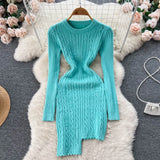 Irregular Solid Knitted Short Dress O Neck Long Sleeve Fashion Bodycon Dress Women Winter Streetwear OL Warm