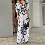 Toloer 2024 New Women's Ins Fashion Elegant Print Bat Sleeve Waist V Neck Women's