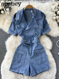 Vintage Denim Playsuits Women's Short Sleeve Bodycon Casual Shots Rompers Jumpsuit Jeans Overalls For
