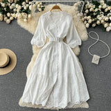 Korean Chic Elegant Pink V-neck Stitching Lace Hook Flower Waist Thin Bubble Sleeve Female Dress 2022 Summer