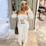 Women's 2025 Autumn And Winter 2025 New Woolen Sleeve Hanging Neck Tie Hollow Jumpsuit Pile