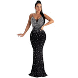 Fashion Women's Diamond Nightclub Sexy Sling Sleeveless Long Skirt Dress-Outfit