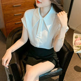 Toloer Shirt Female 2023 Summer Pendant Feeling Short Sleeve Retro Port Style A Button Small Necktie Commuting Professional Wear-Outfit