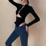 Bodysuit y2k Clothes Bandage Sexy Solid Color Long Sleeve Slim Hollow Out Romper with Metal Ring for Spring Fall 2023-Outfit