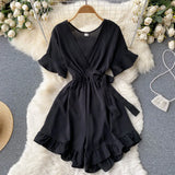 Summer New Korean Rompers Women Flared Sleeve Solid Ruffle Wide Leg Short Jumpsuits Casual Vacation Beach