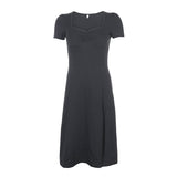 Square Neck Pleated Waist Slim Dress-Outfit