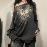 Toloer 2024 New Dark Wind Vintage Print Loose Jacket Diagonal Collar Hoodie Coat Female-Outfit