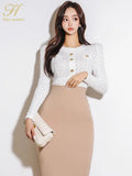 Han Queen 2024 New Set Woman 2 Pieces Elegant Knitted Tops And High Waist Bodycon Pencil Skirts Korean Office Women's Suits-Outfit