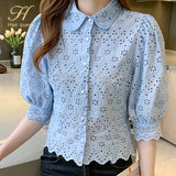Han Queen Summer Blusas Basic Office Lady Blusas Vintage Lace Tops Elegant Chiffon Blouse Women Loose Hollow Out Casual Shirts-Outfit