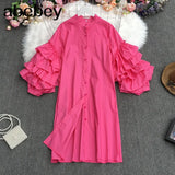 New Summer Fashion All-match stand collar puff sleeve Dress multi layer Ruffles loose Shirt