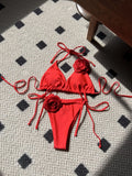 2024 European New Solid-Color Rose Drawstring Split Swimsuit