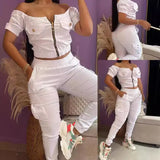 Toloer Summer Women's White One-Line Shoulder Short Sleeve Bag Jacket Suit Slacks 2