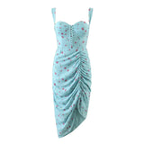 Blue Floral Mini Ruched Slit Bustier Dress-Outfit