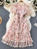 Mesh Floral Print Cake Dress Zipper V Neck Fashion Beading Short Sleeve Summer French Sweet Women Princess Long
