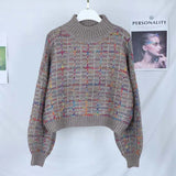 2021 Autumn Winter New Plaid Sweater Women Korean Lazy Wind Short Loose Casual Checkered Sweater Lantern Sleeve Pullovers