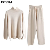2 Pieces Set Women Knitted Tracksuit Turtleneck Sweater + Carrot Jogging Pants Pullover 2022 Sweater Set CHIC Knitted