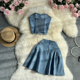 Toloer Cool Hot Girl Suit Skirt Female Summer Short Jeans Strapless Vest Top Two Set High Waist A-Line
