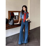Kong Style Retro Dark Blue Loudspeaker Jeans Women 2025 Spring And Autumn High Waist Hanging Feeling Drag Broad Legs Long