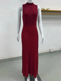 Knitted Turtleneck Pleated Tank Maxi Dress-Outfit