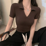 Polo Shirt Short Sleeve Straight Shoulder T-shirt Women New Short Tees Spicy Girls Design Sense Small People Slim Tops-Outfit
