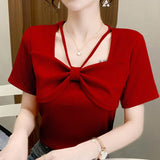 Women's Summer Pullover Halter Square Collar Screw Thread Solid Color Bow Short Sleeve T-shirt Korean Fashion Office Lady Tops 1028-0-Outfit