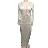 Dress Dress Tuxeds Slices Waist Deep V Long Sleeve Side Fork Sexy Asymmetric Dress