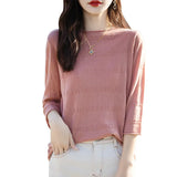 Toloer And Summer Thin Round Collar Jacquard Wool Knit T-Shirt Women's Seven Minute Sleeve Solid Color Bottom Sweater Middle Sleeve Cashmere Top-Outfit