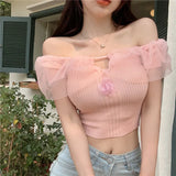 Yarn Splicing A Word Collar T-Shirt For Girls Summer New Pink Pure Lust Collar Sexy Umbilly Babes Short-Sleeved