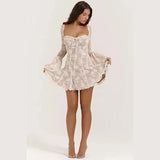 White Square Neck Lace Mesh Long Sleeve Mini Dress-Outfit