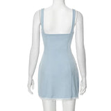 Blue Square Neck Strap Mini Dress-Outfit