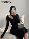 Sleeve Black Knit Dress Autumn winter Tight Cutout Sexy Slit Midi Dress 2000s Long Maxi Womens Dresses New Arrival