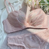 Lace Embroidery Feather Underwear Wireless Sexy Deep V Push Up Bra Set Small Breasts Thicken Brassiere and