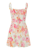 Women Elegant Flower Print Low Cut Tie-Up Sleeveless Cami Bodycon Corset Short Dress Summer Backless Party Clubwear-Outfit