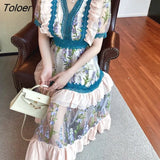 Fashion Vintage Embroidery Dress Female V-neck Long Sleeve High Waist Bodycon Green Mesh Patchwork Elegant Dresses