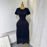 New Elegant Round Neck Nails Hollow Slimming Temperament Short-Sleeved Knitted Dress