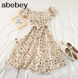 Print Floral Women Dress Spring Summer Bow Vestidos Chiffon Beach Style Student Sweet Mini