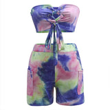 Women's Wear 2023 Summer Fashion Tie-Dye Printed Sexual Lace Shorts Suit-Outfit