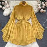 Toloer Of Pleated Horn Sleeve High Collar Dress Female Spring And Summer French Light Luxury Minority Design Sense Of Waist Chiffon