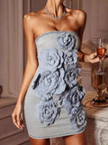 Denim Strapless 3D Flower Mini Dress-Outfit