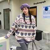 Winter Warm Oversized Sweater Sweet Vintage Stripes Embroidery Casual Pullover Knitted Sweater Streetwear Harajuku