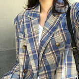Women Vintage Plaid Blazer Long Sleeve Double-Breasted Jacket Lady Loose Casual Street Wear Suit Autumn