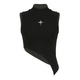 Toloer Street Metal Five-Pointed Star High Collar Irregular Oblique Edge Crop Sleeveless Pure Black Vest Base Show Thin Top New-Outfit