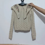 Ardm Fashion Woman Sweaters Embroidered Cropped Knitted Sweater Vintage Cute Peter Pan Collar Female Pullovers Chic