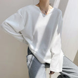 Concave Collar Long-Sleeved T-Shirt Female Spring And Autumn 2023 The New Korean Version Of Loose V-Neck Cotton Bottomed Shirt-Outfit