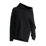 Toloer 2024 New Fashion Trend Irregular One Word Collar Design Sense Loose Casual Sweater Long Sleeved Sweater-Outfit