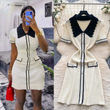 Retro Trendy Polo Collar Short-Sleeved Dress Women's Summer Metal Buckle Waist Thin Knitted
